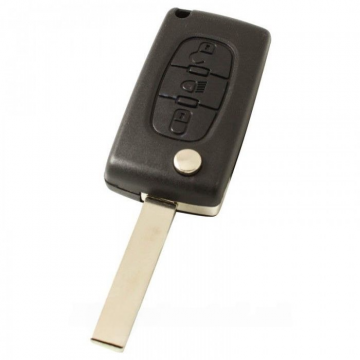 Peugeot 3-knops klapsleutel - sleutelbaard recht met inkeping zijkant - batterij op chip - drukknop voor verlichting