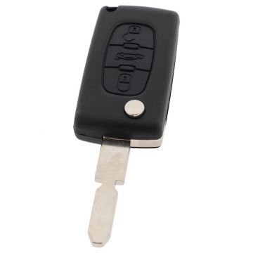 Peugeot 3-knops klapsleutel - sleutelbaard punt met inkeping midden - batterij op chip - drukknop voor kofferbak