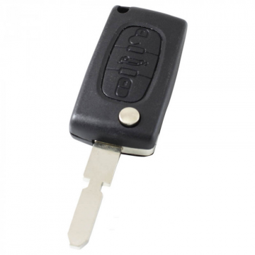 Peugeot 3-knops klapsleutel - sleutelbaard punt met inkeping midden - batterij in behuizing - drukknop voor kofferbak