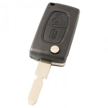 Peugeot 2-knops klapsleutel - sleutelbaard punt met inkeping midden - batterij in behuizing