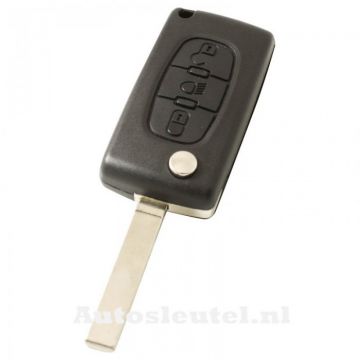 Peugeot 3-knops klapsleutel - sleutelbaard recht met inkeping zijkant met elektronica 433MHZ - PCF7941 transponder - batterij op chip - drukknop voor verlichting