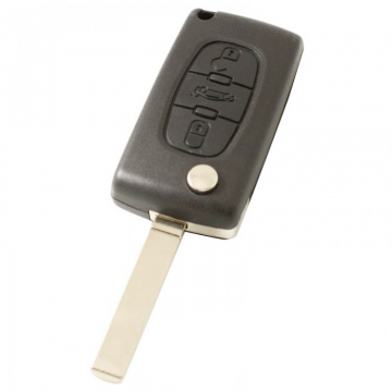 Peugeot 3-knops klapsleutel - sleutelbaard recht - batterij op chip - drukknop voor kofferbak