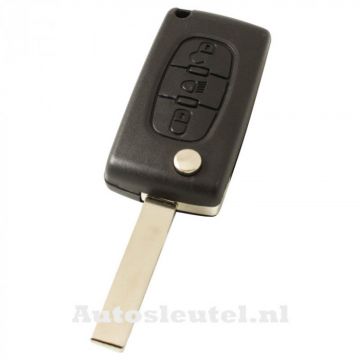 Peugeot 3-knops klapsleutel - sleutelbaard recht met inkeping zijkant met elektronica 433MHZ - PCF7961 transponder - batterij in behuizing - drukknop voor verlichting