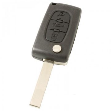 Peugeot 3-knops klapsleutel - sleutelbaard recht met inkeping zijkant met elektronica 433Mhz - ID46 transponder - batterij op chip - drukknop voor kofferbak