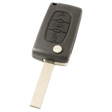 Peugeot 3-knops klapsleutel - sleutelbaard recht inkeping zijkant - batterij in behuizing - drukknop voor kofferbak