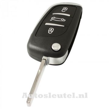 Peugeot 3-knops klapsleutel - sleutelbaard recht inkeping zijkant - batterij in behuizing