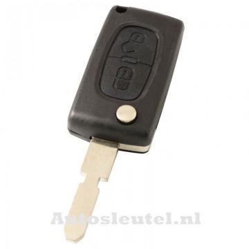 Peugeot 2-knops klapsleutel - sleutelbaard punt met inkeping midden - batterij op chip