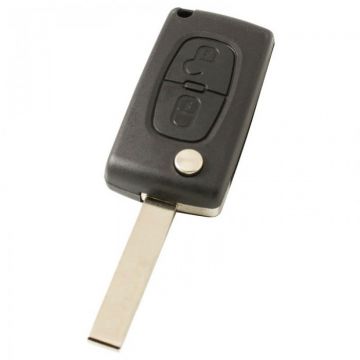 Peugeot 2-knops klapsleutel - sleutelbaard recht met inkeping zijkant - batterij op chip