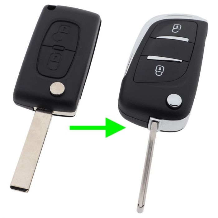Peugeot 2-knops klapsleutel - sleutelbaard recht met inkeping zijkant - batterij in behuizing (ombouwset) main product photo